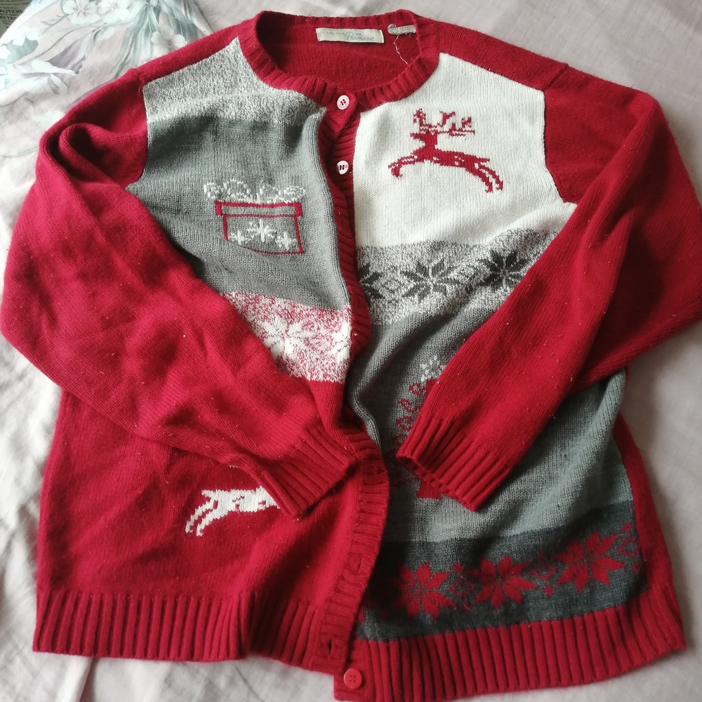 Vintage Penmans Christmas Festive Red and Gray Cardigan with Reindeer Design